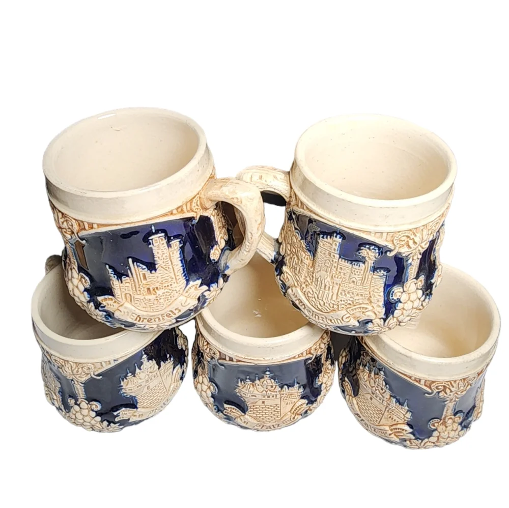 Vintage Wick-Works German Made Blue & Ivory Stoneware Punch‎ Cups 5 Piece Set